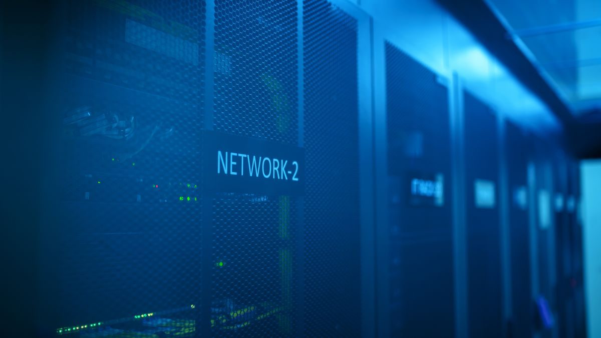 Networked cloud rack with blue lighting